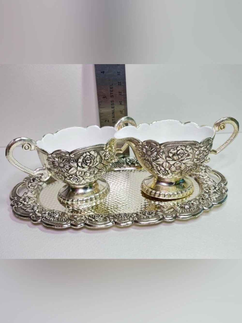 Vintage Eales 1779 Silverplate Sugar Creamer Set Tray Box Ornate Victorian Style
